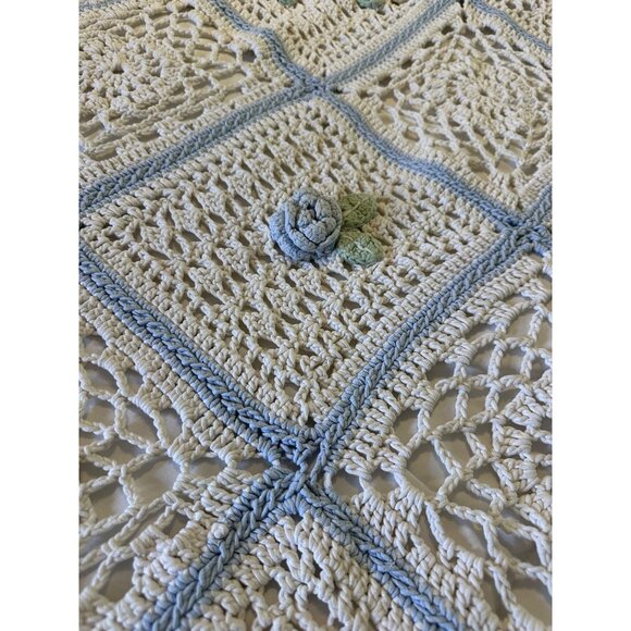 Handmade Crochet Wool Throw Blanket 47x57 3D Floral Squares Blue Border Cottage - Picture 13 of 16